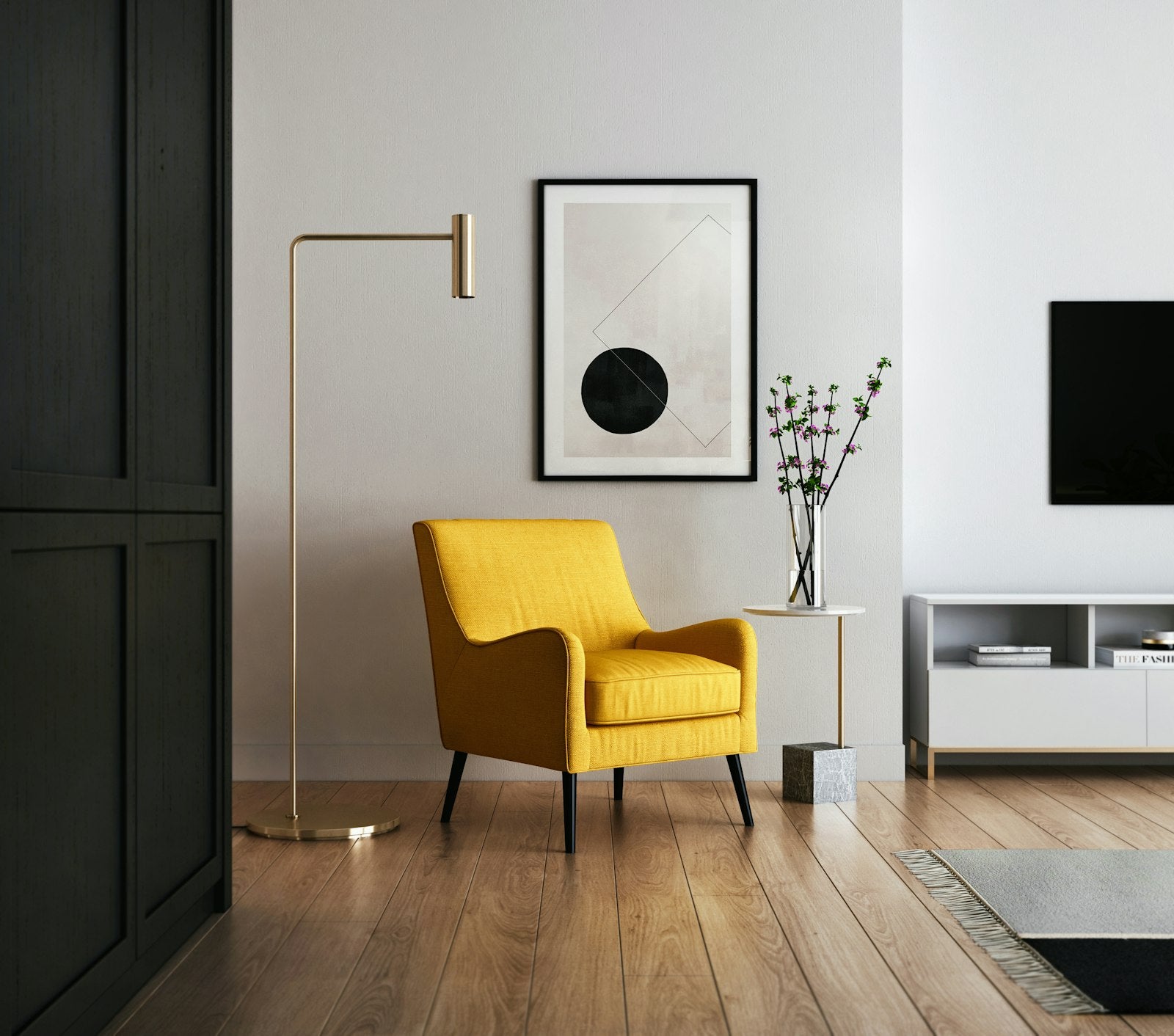 Modern living room with velvet accent chair